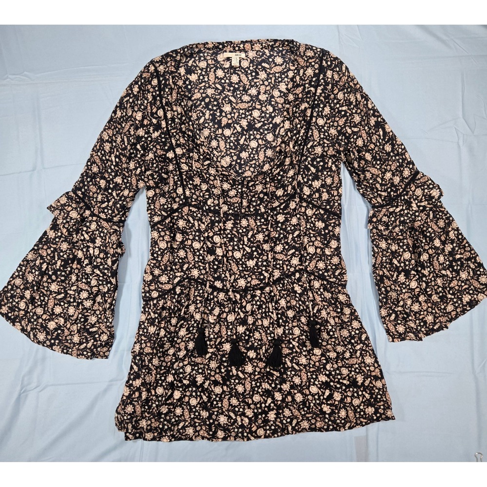 Amuse Society Womens Black Beige Floral Peplum Bell Sleeve Tassel Top M AD08JLAP